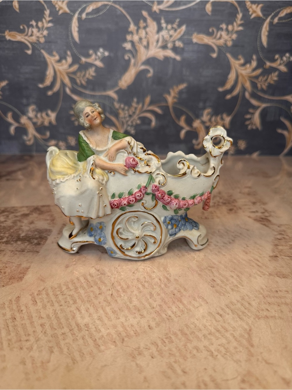 Vintage WKC Germany Lady Carriage Planter Porcelain Figurine Gilt Floral